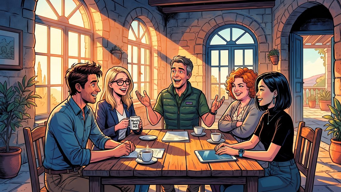 Illustration of five colleagues laughing together around a wooden table, one holding a "World's Best HR" mug.